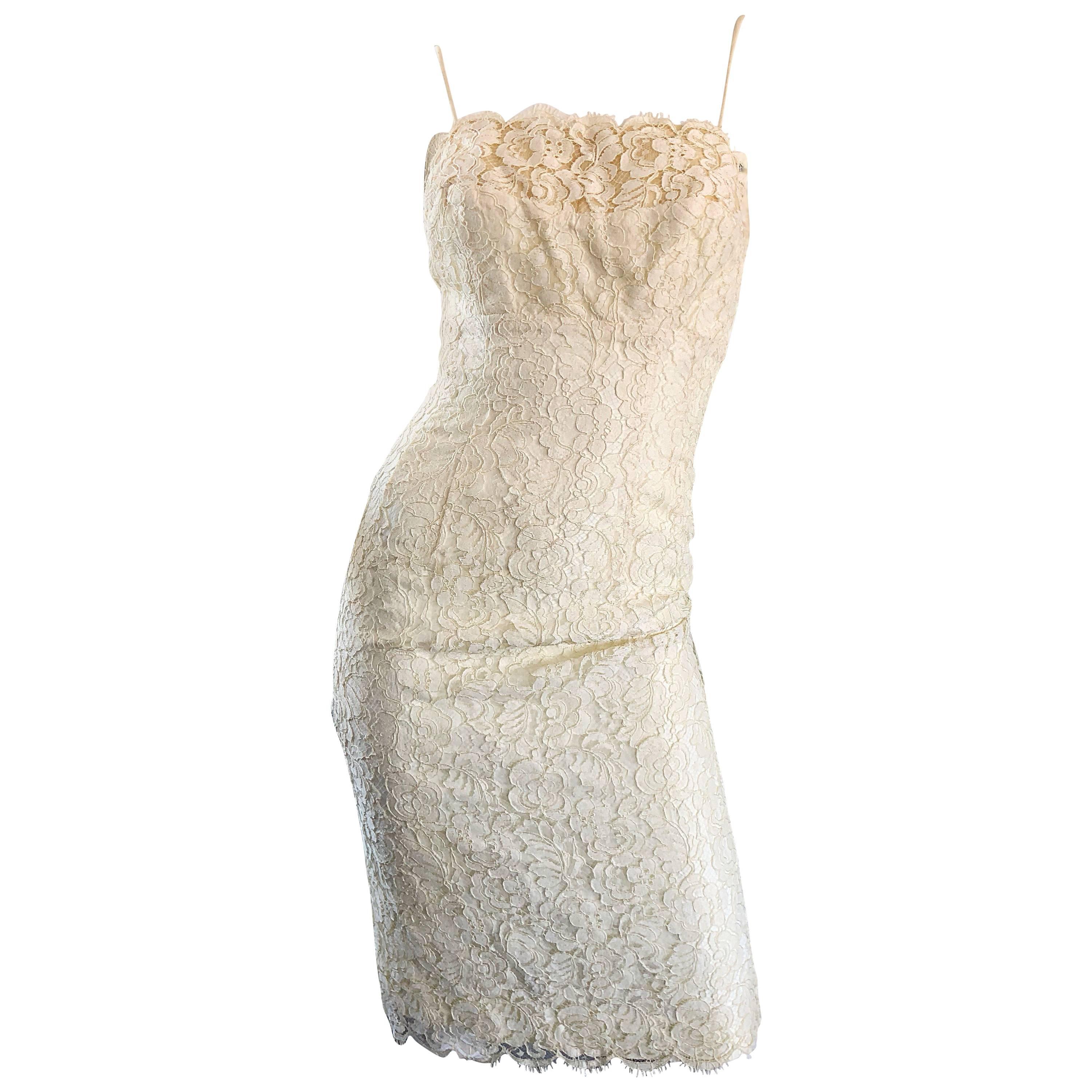 1950s Lilli Diamond Ivory Off - White French Lace Vintage 50s Wiggle Dress