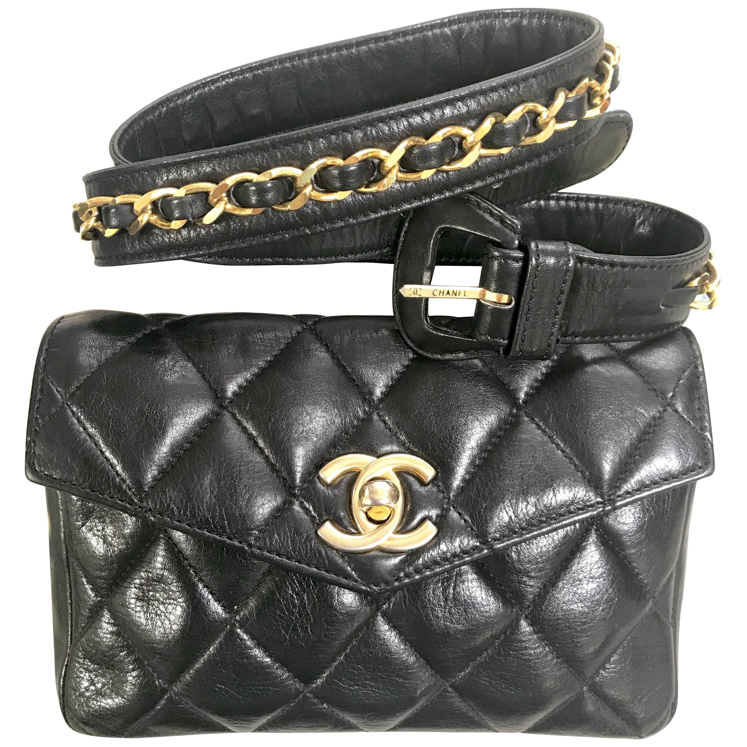 Vintage CHANEL black lamb belt bag, fanny pack with golden chain belt and CC.