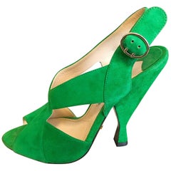 New Prada Size 36.5 / 6.5 Runway Kelly Green Suede Sandal High Heels Shoes