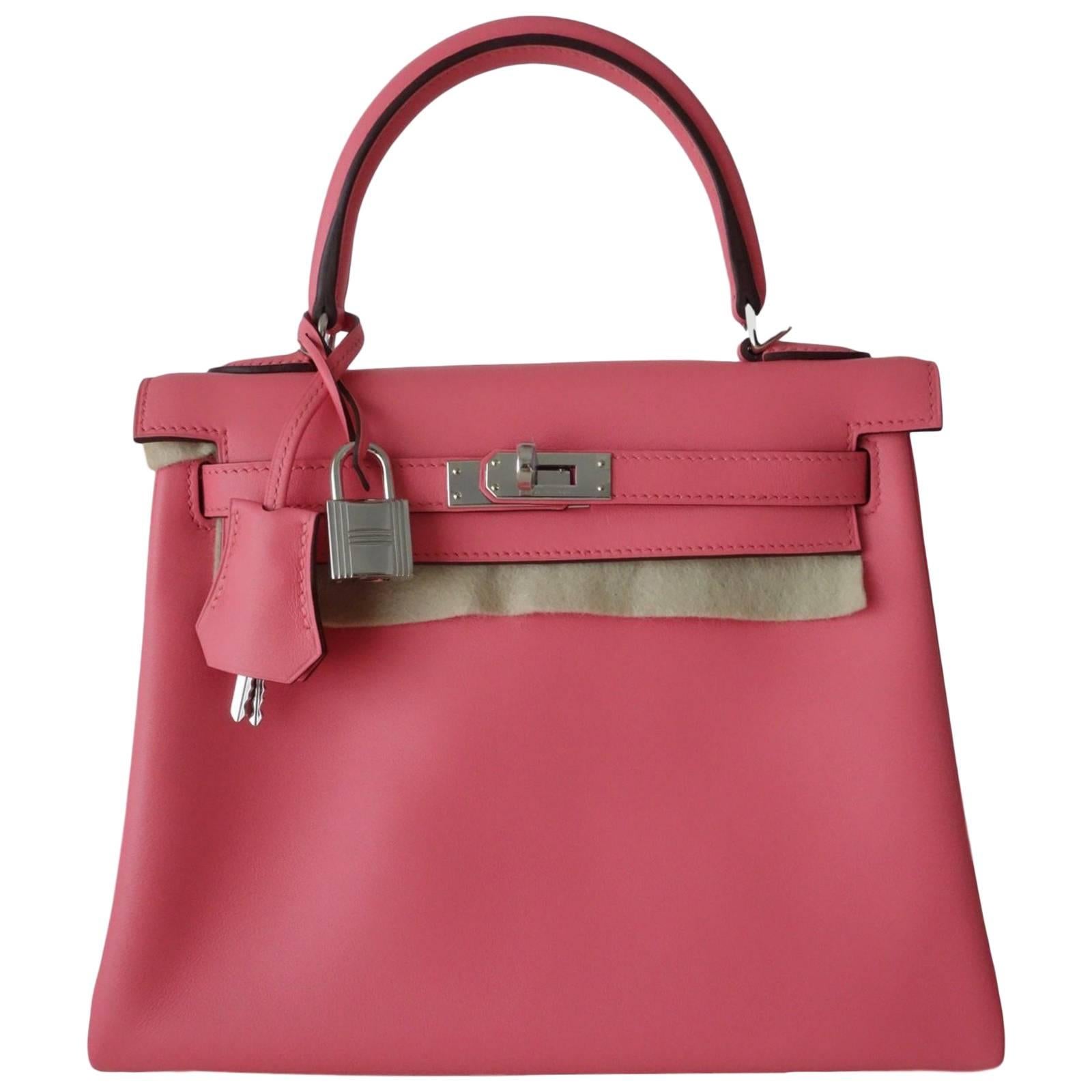 Hermès Veau Swift Rose Azalee Phw 25 cm Full Set Kelly II retourne Handbag