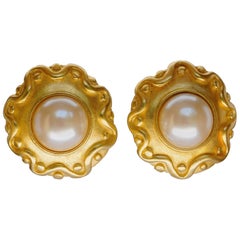 Kenneth Jay Lane Matt Gold Tone and Faux Pearl Clip On Earrings, 1990s