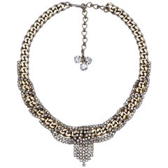 Hobe Gold Tone Link and Clear Rhinestone Retro Collar Necklace