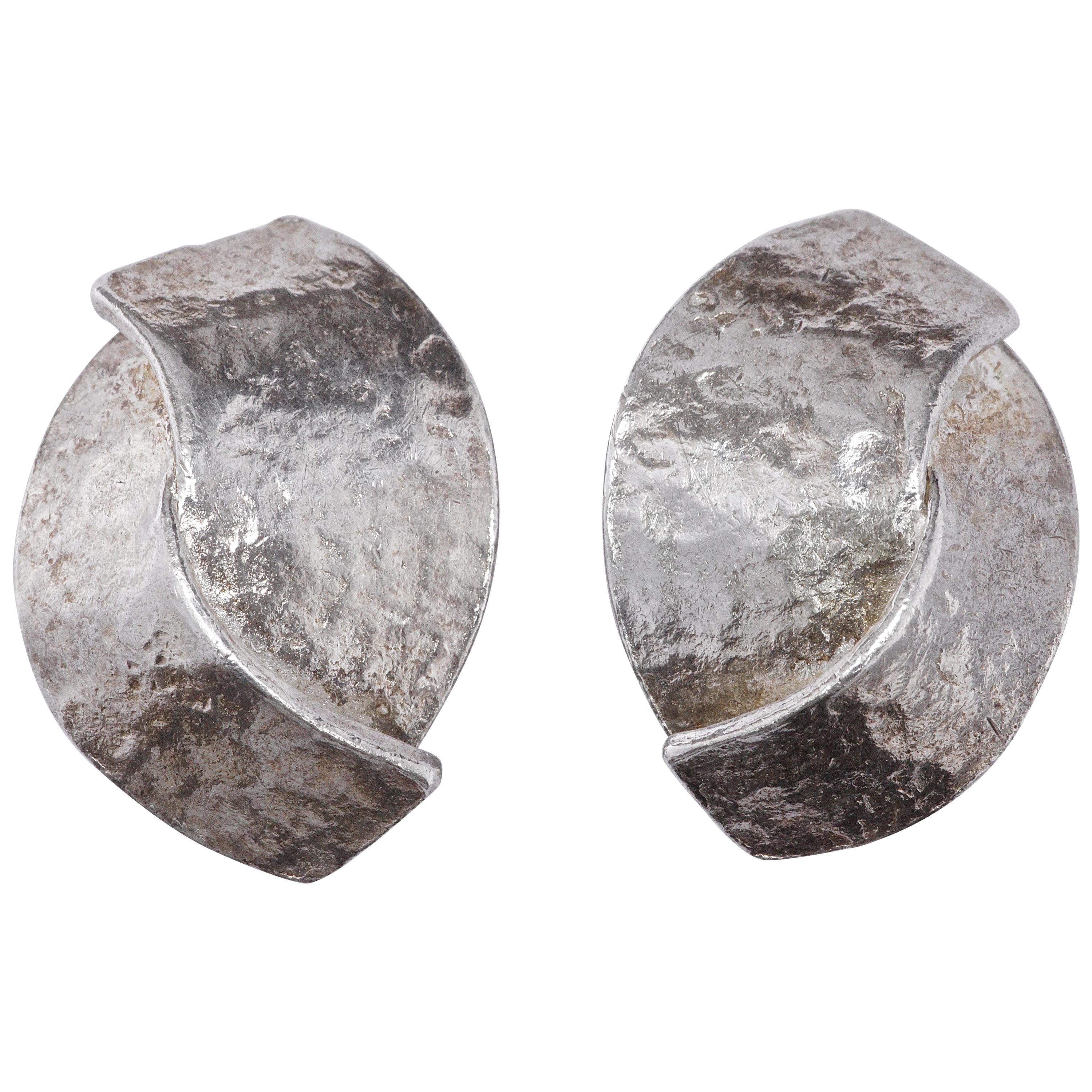 Delphine Nardin Paris Textured Silver Plated Clip On Earrings, circa 1980s
