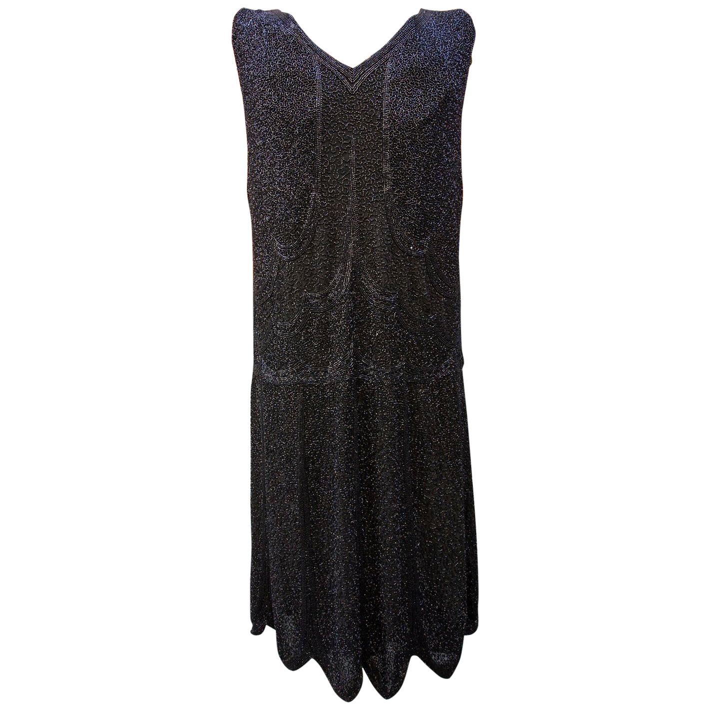 Art Deco 1920s Black Silk and All Over Black Glass Beaded Dress