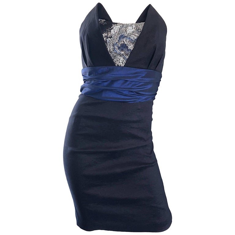 Badgley Mischka 2000s Sz 4 Vintage Avant Garde Black Navy Blue Sequin Mini  Dress For Sale at 1stDibs