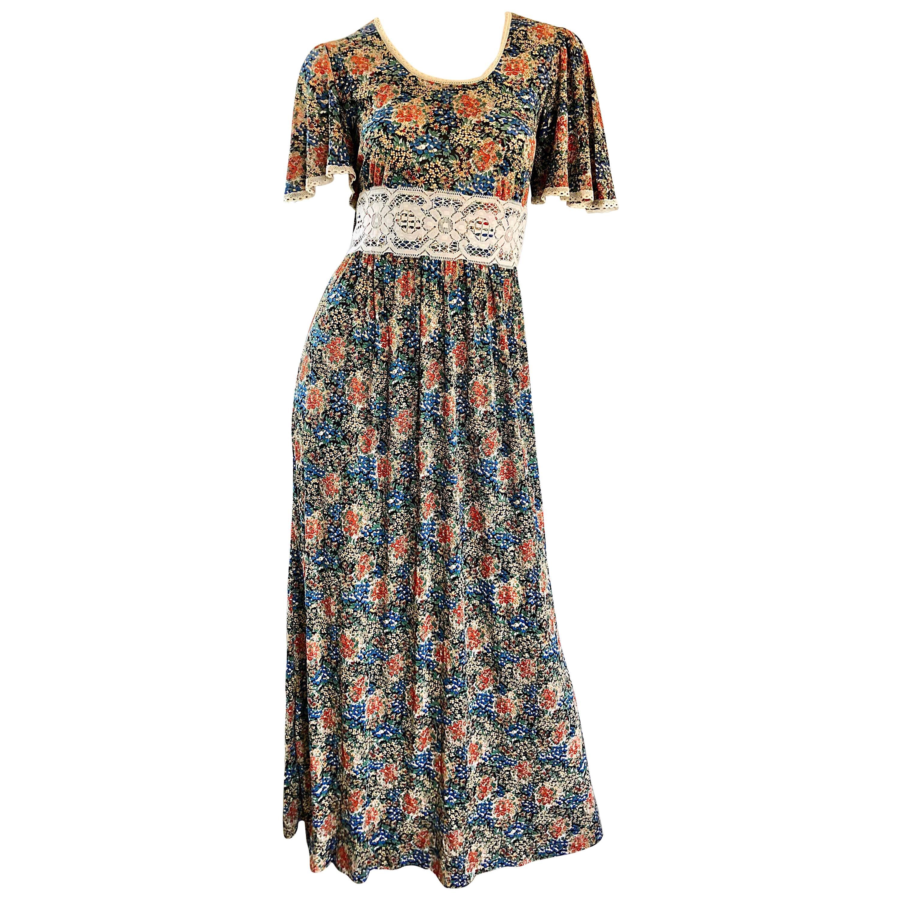 AMazing 1970s Boho Flower Print Jersey + Lace Vintage 70s Maxi Dress