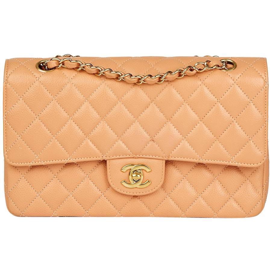2000s Chanel Peach Quilted Caviar Leather Medium Classic Double Flap Bag