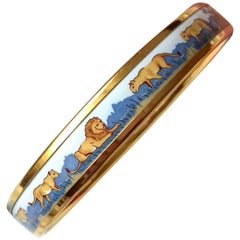 Vintage Hermès Printed Enamel Bracelet Lions and Lionesses Narrow Gold Hdw Size PM 65