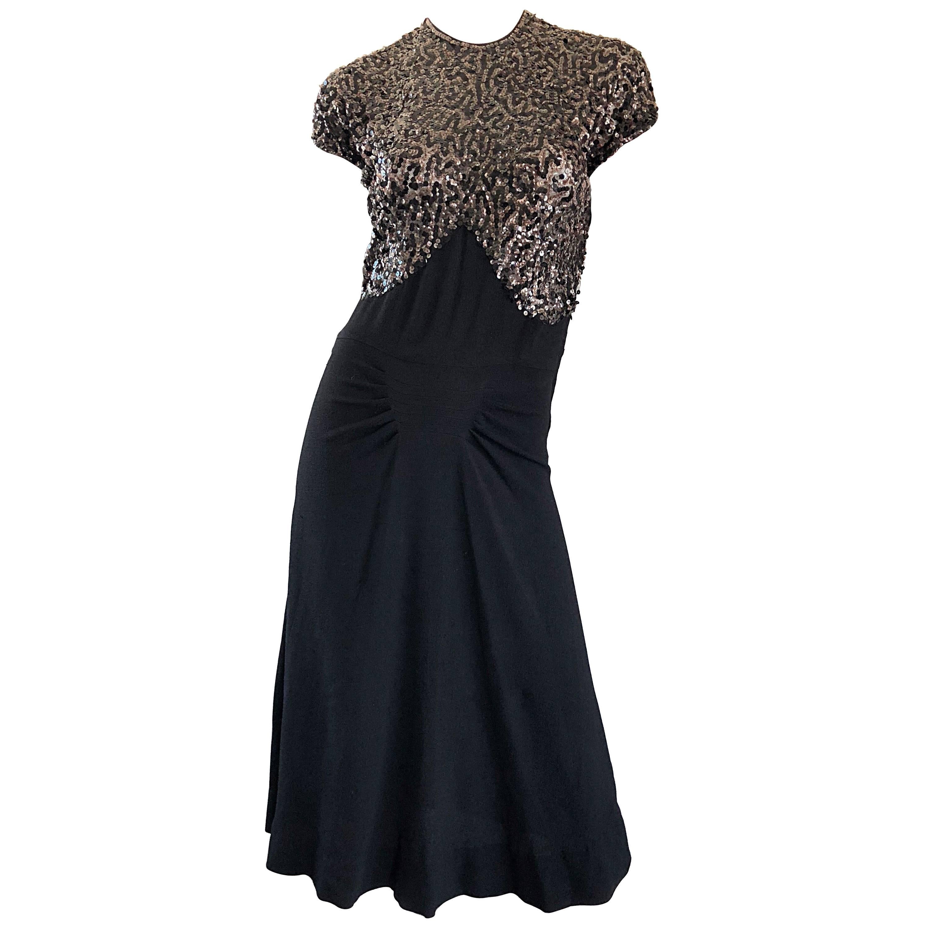 1940s Black Crepe Evening Dress Gown Sequins Pleated