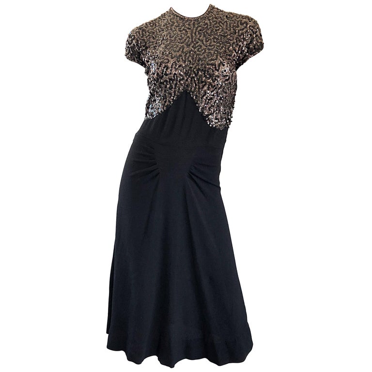 Beautiful 1940s Black Sequin Crepe Vintage 40s Cocktail Dress For Sale