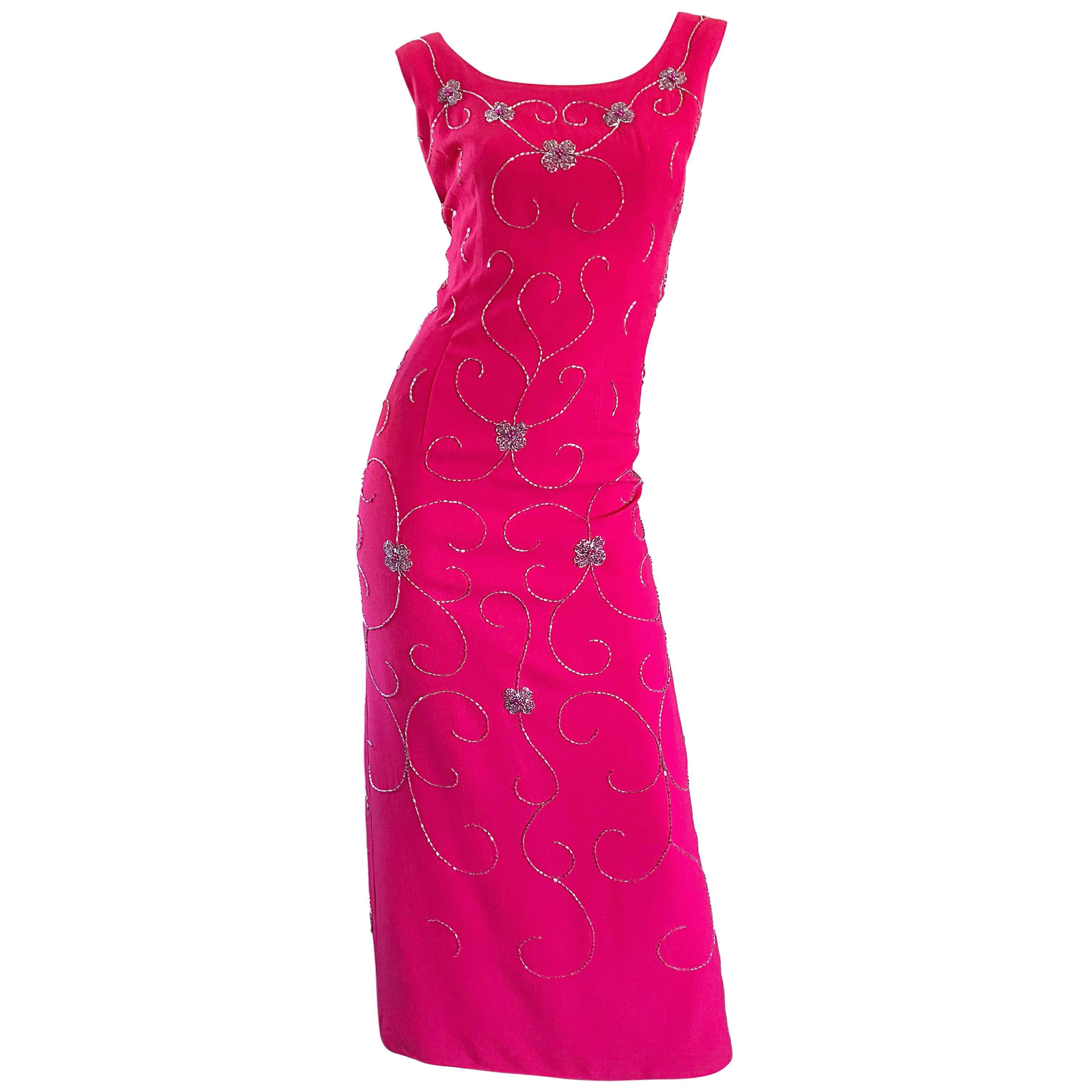 Gorgeous 1960s Hot Pink and Silver Beaded Vintage 60s Crepe Gown Maxi Dress