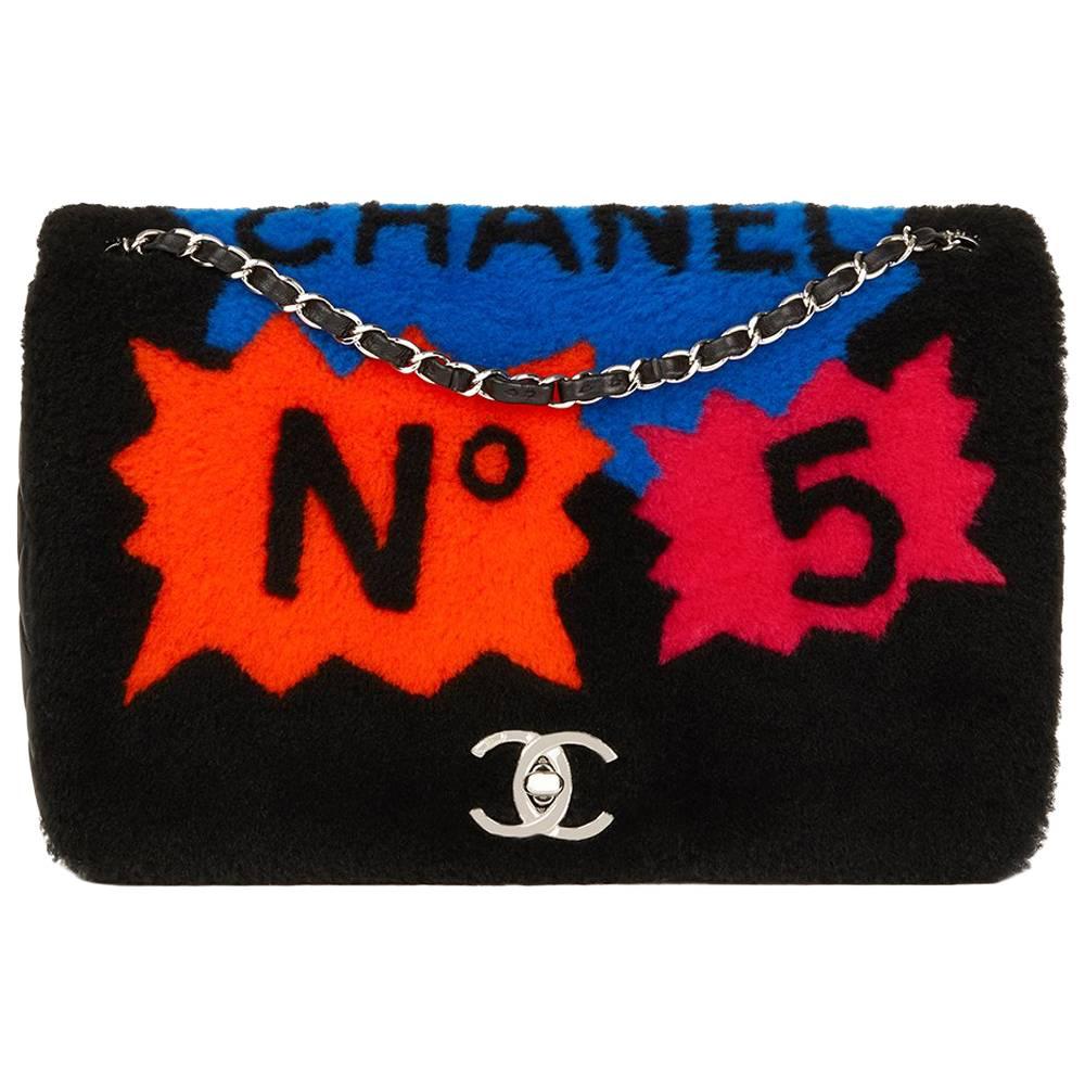 2014 Chanel Black Shearling & Lambskin Jumbo Patchwork Shearling Flap Bag