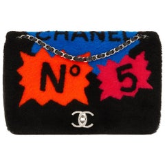 2014 Chanel schwarze Shearling & Lammfell Jumbo Patchwork Shearling Flap Bag