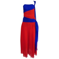 Givenchy Bold Red and Blue Silk Chiffon One Shoulder Dress, 1970s