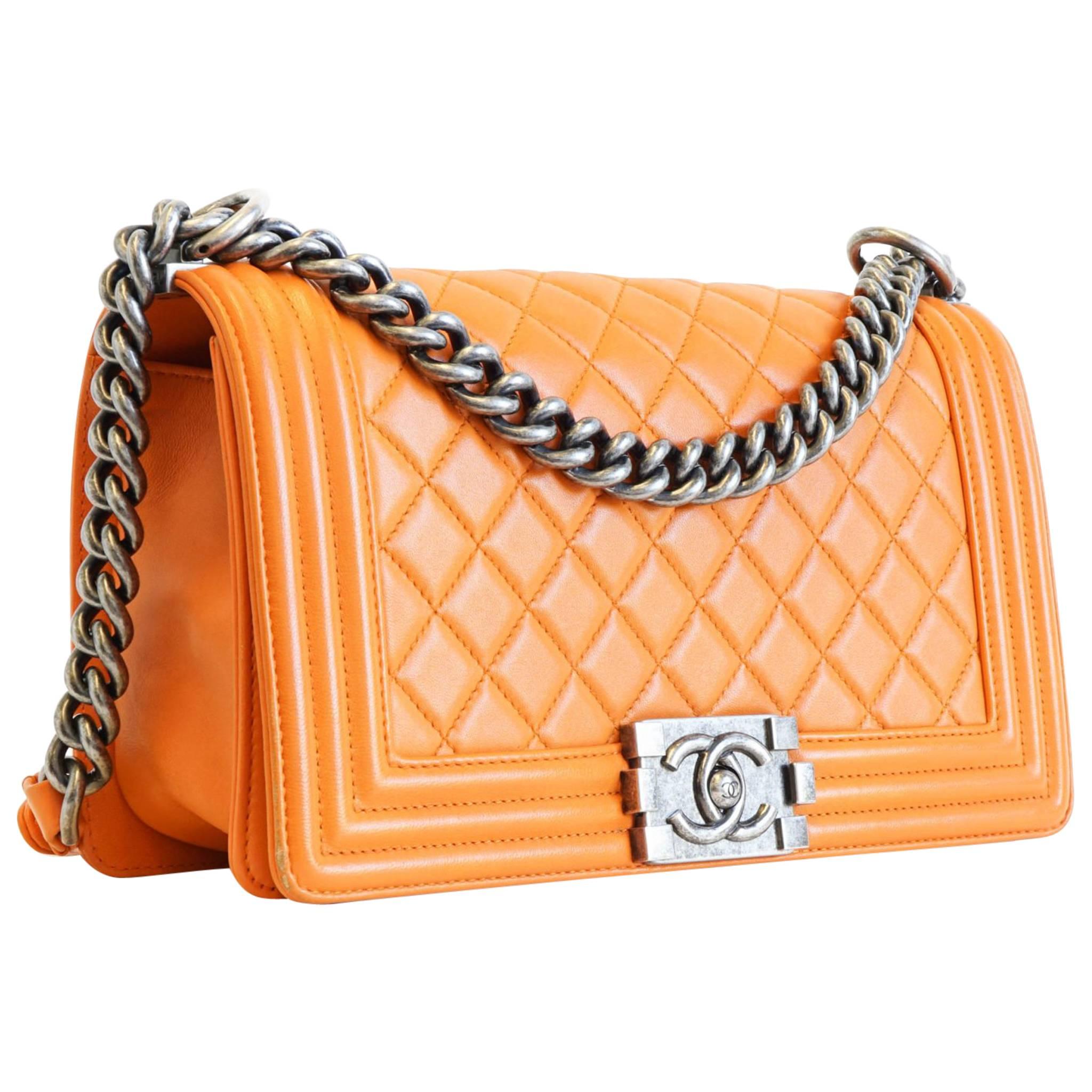 Chanel Old Medium Boy Bag in Orange with Silver Hardware For Sale