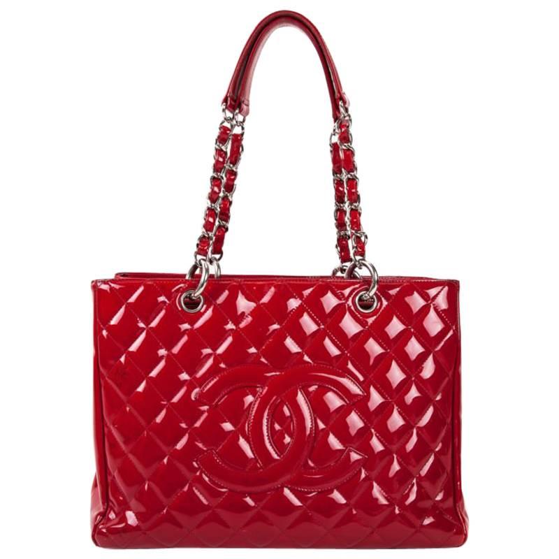 Chanel Quilted Red Patent Leather GST  For Sale