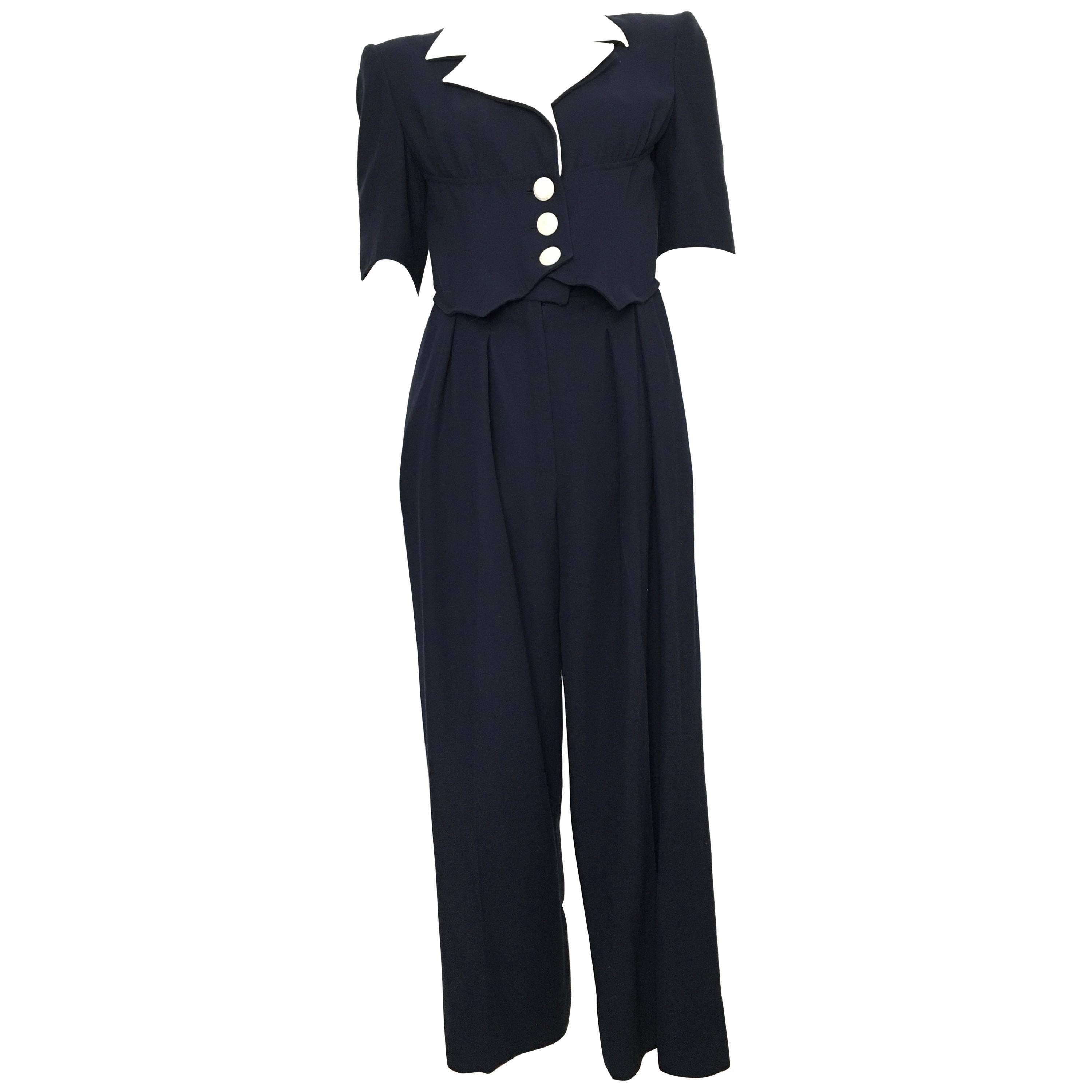 Valentino Boutique Wool Navy Jumpsuit with Pockets, 1980s   For Sale