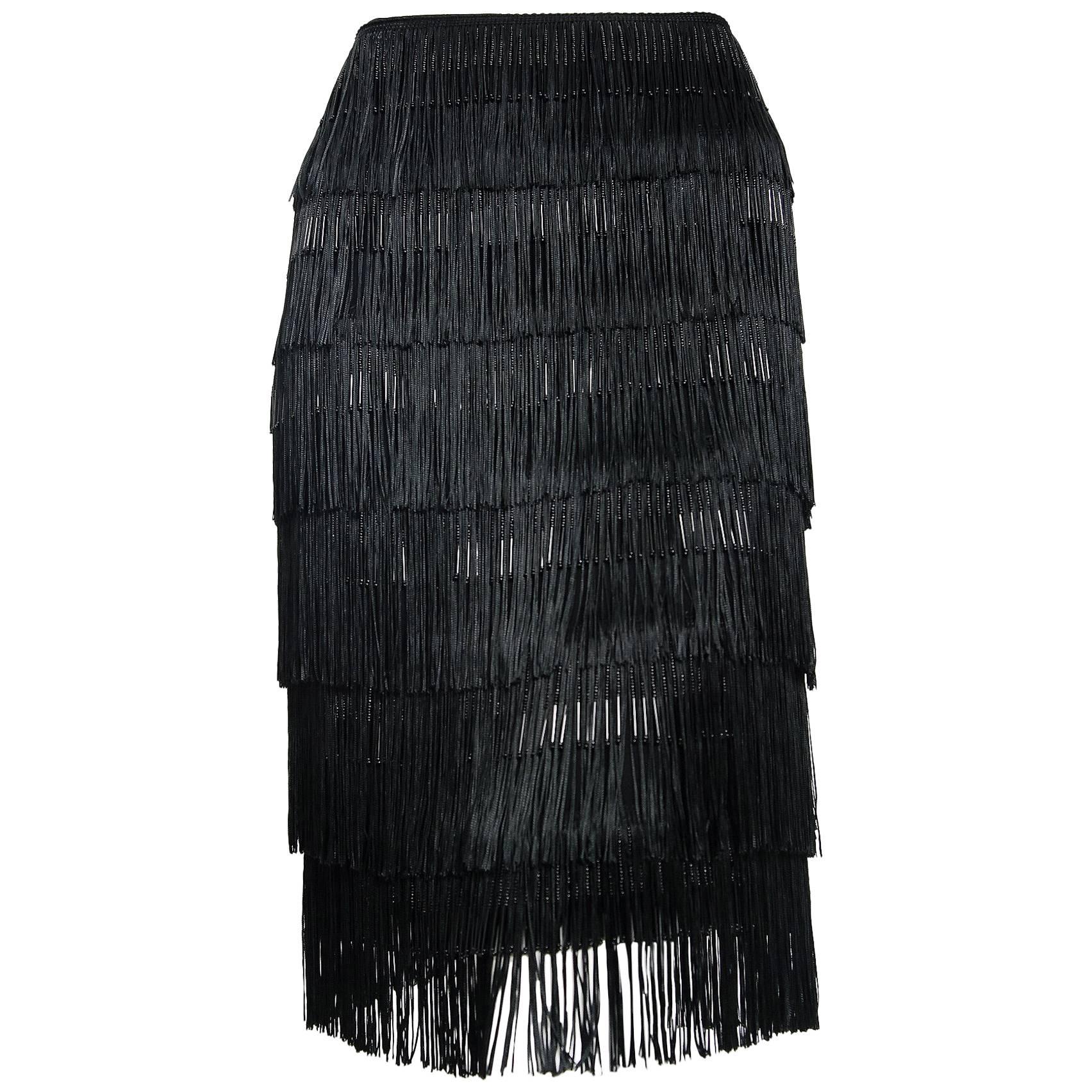 2005 Alexander McQueen Documented Black Beaded Silk Tiered Fringe Flapper Skirt