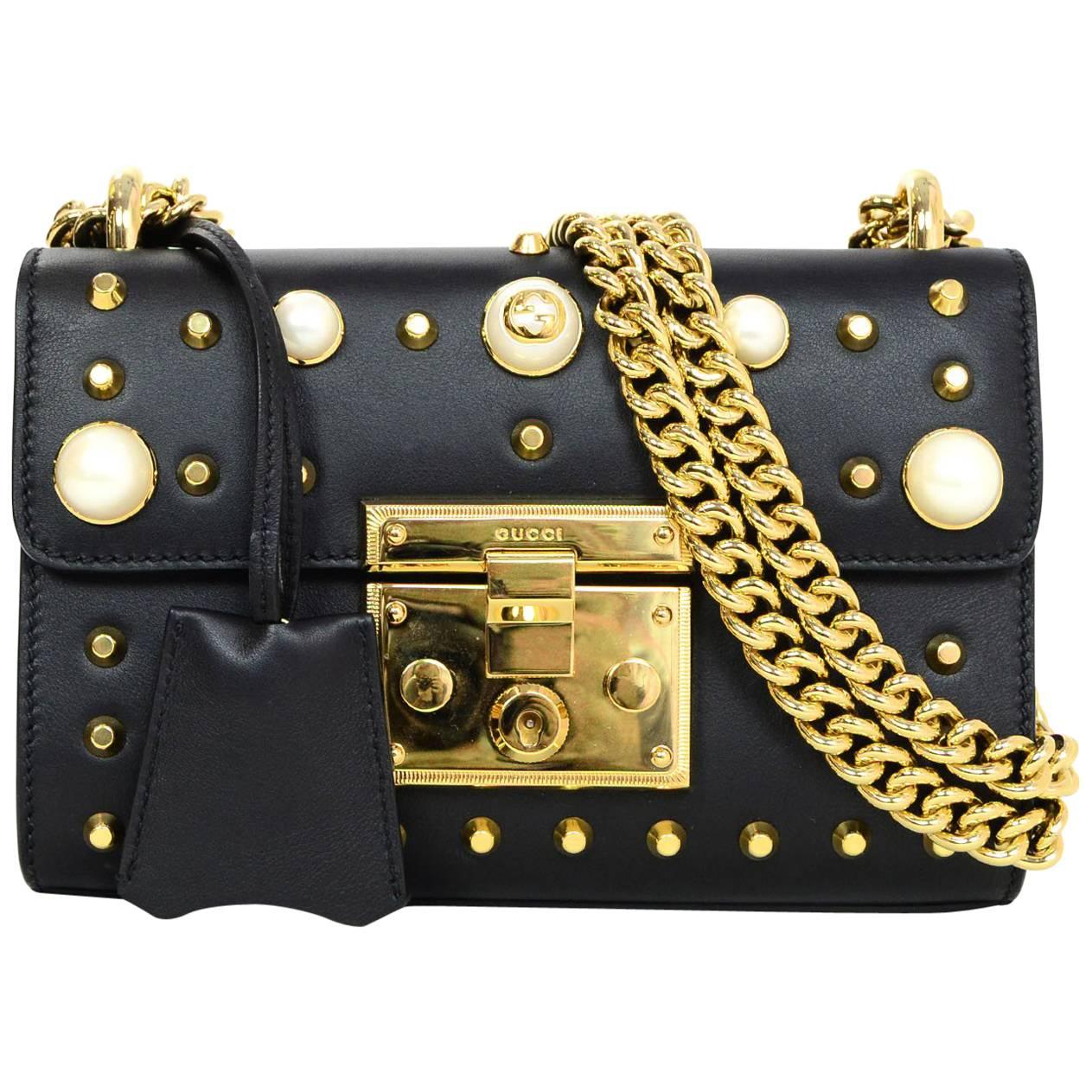 Gucci Black Leather & Faux Pearl Studded Padlock Shoulder Bag w. Dust Bag