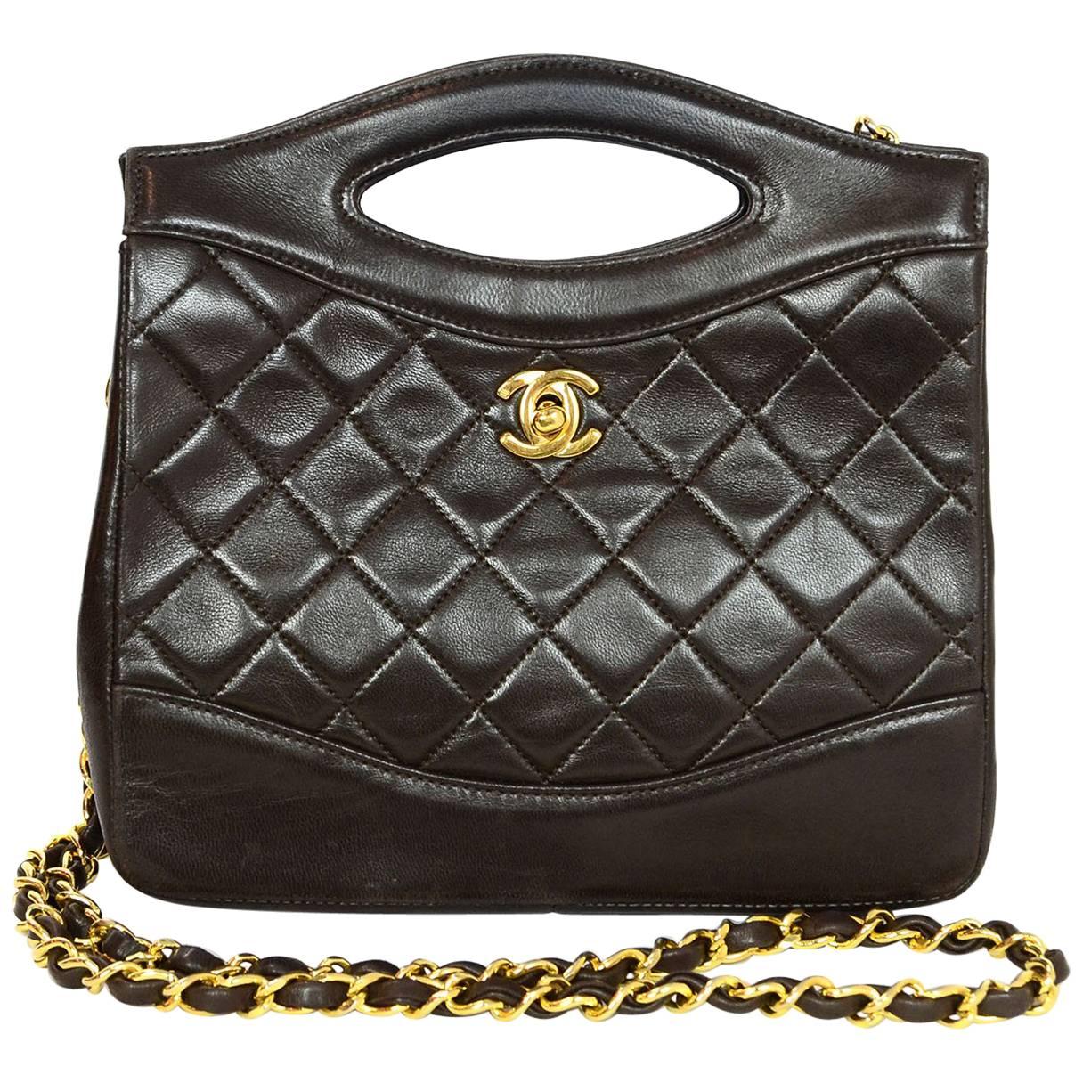 Chanel Vintage Brown Lambskin Quilted Mini Satchel Crossbody Bag