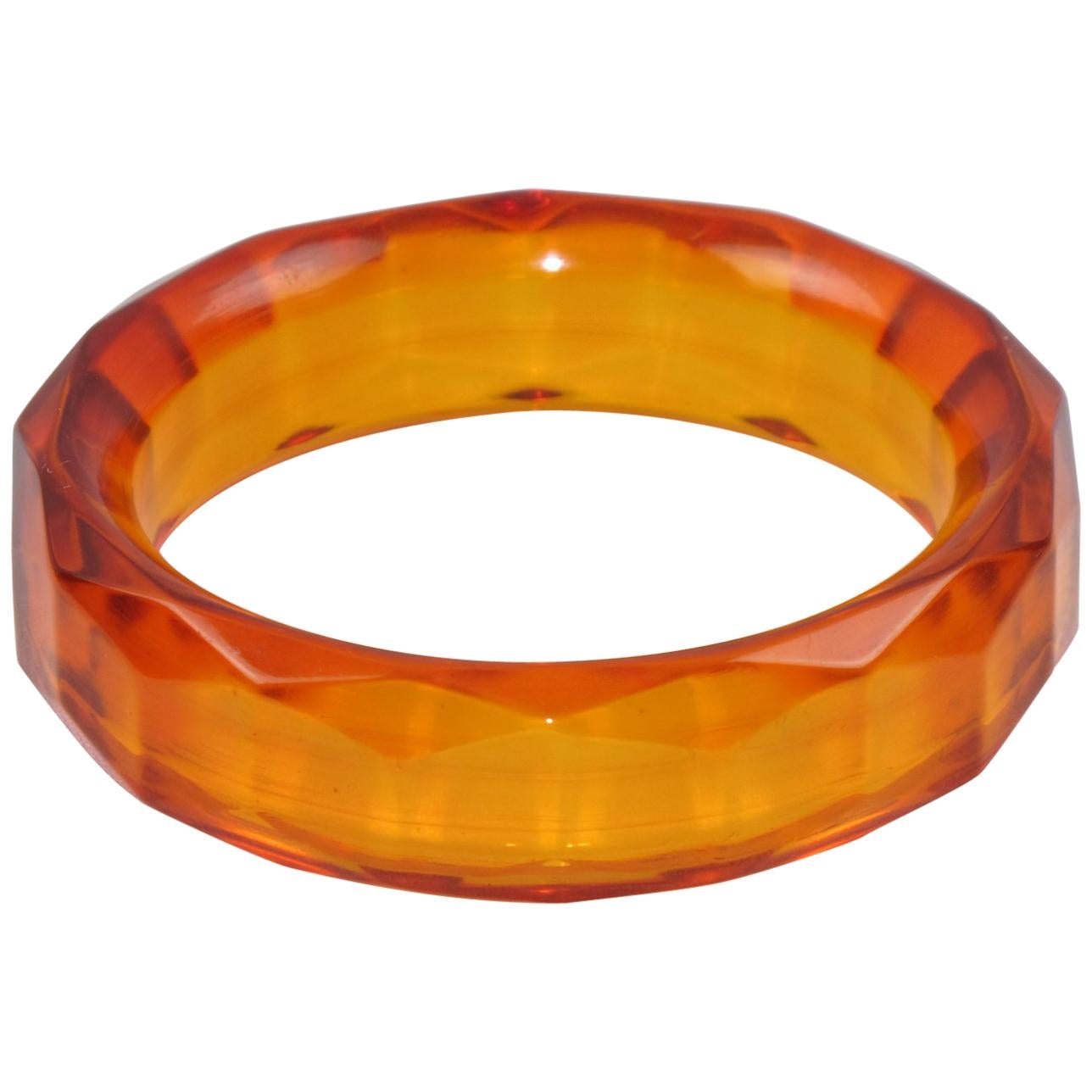 Bakelite Bracelet Bangle Faceted Carved Design Transparent Prystal Orangeade