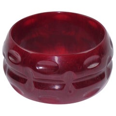Bakelite Bracelet Bangle Oversized Deeply Carved Design Sangria Red Marble Color
