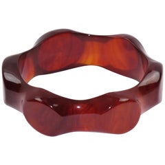 Bakelite Bracelet Bangle Translucent Cinnamon Marble Color Deep Carving Design
