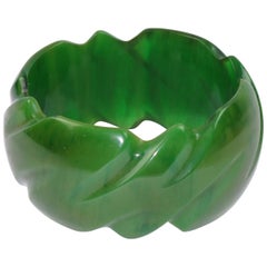 Vintage Bakelite Bracelet Bangle Oversized Deeply Carved Basil Green Marble Color