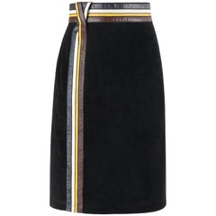 PIERRE CARDIN c.1960's Black Suede Striped Leather Trim Knee Length Skirt