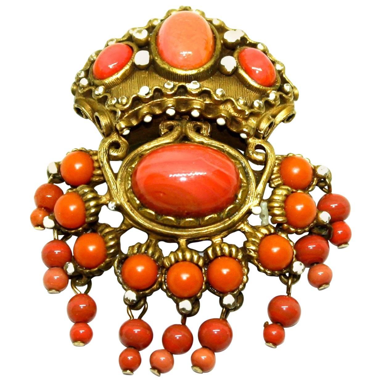 Coral Colour Brooch by Kenneth Jay Lane, Circa 1960's For Sale