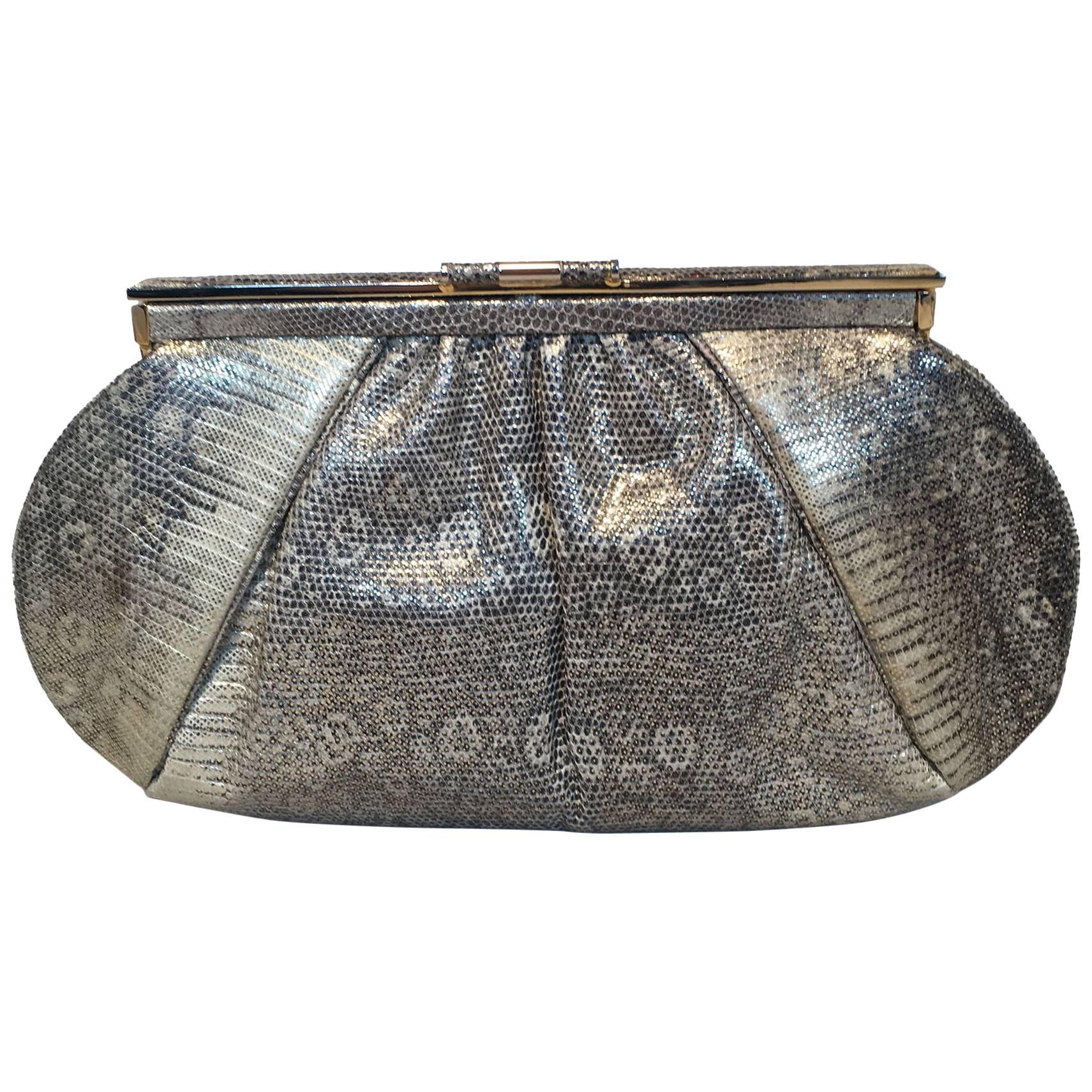 Judith Leiber Gold and Natural Gray Ring Lizard Clutch