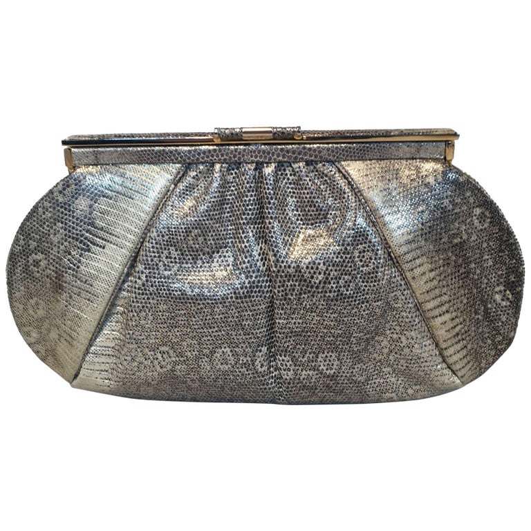 Judith Leiber Gold and Natural Gray Ring Lizard Clutch at 1stDibs