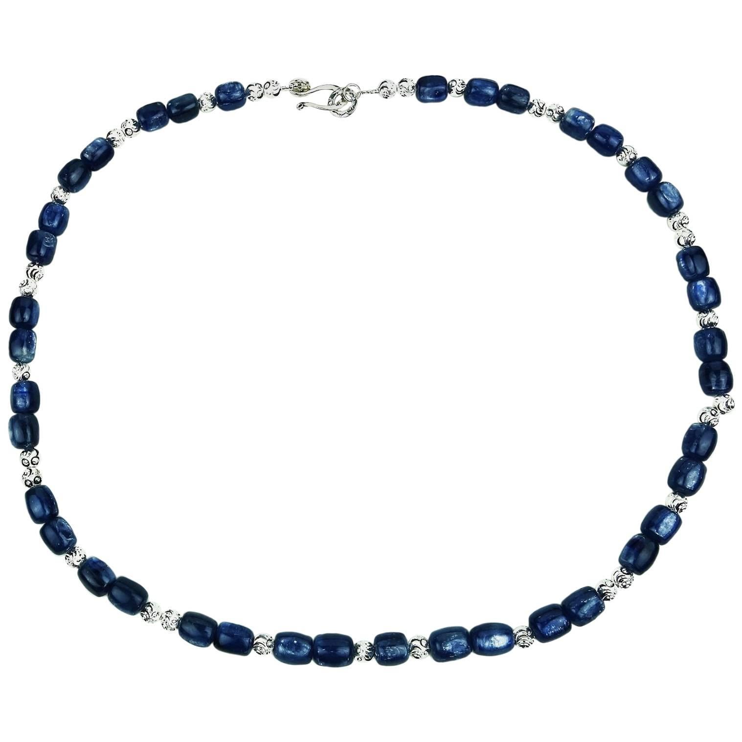 Lovely Blue Kyanite and detailed silver tone spacers create a statement necklace that goes from evenings out to daytime jeans and tee. This is a great color that enhances whatever you choose to pair it with.  The 24.5 inch length is very versatile