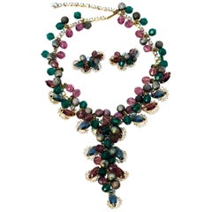 Retro 50s Purple & Green Beaded Rhinestone Necklace and Earrings Set 