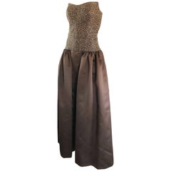 Vintage Bob Mackie Size 10 Chocolate Brown Beaded Strapless Evening Gown Dress