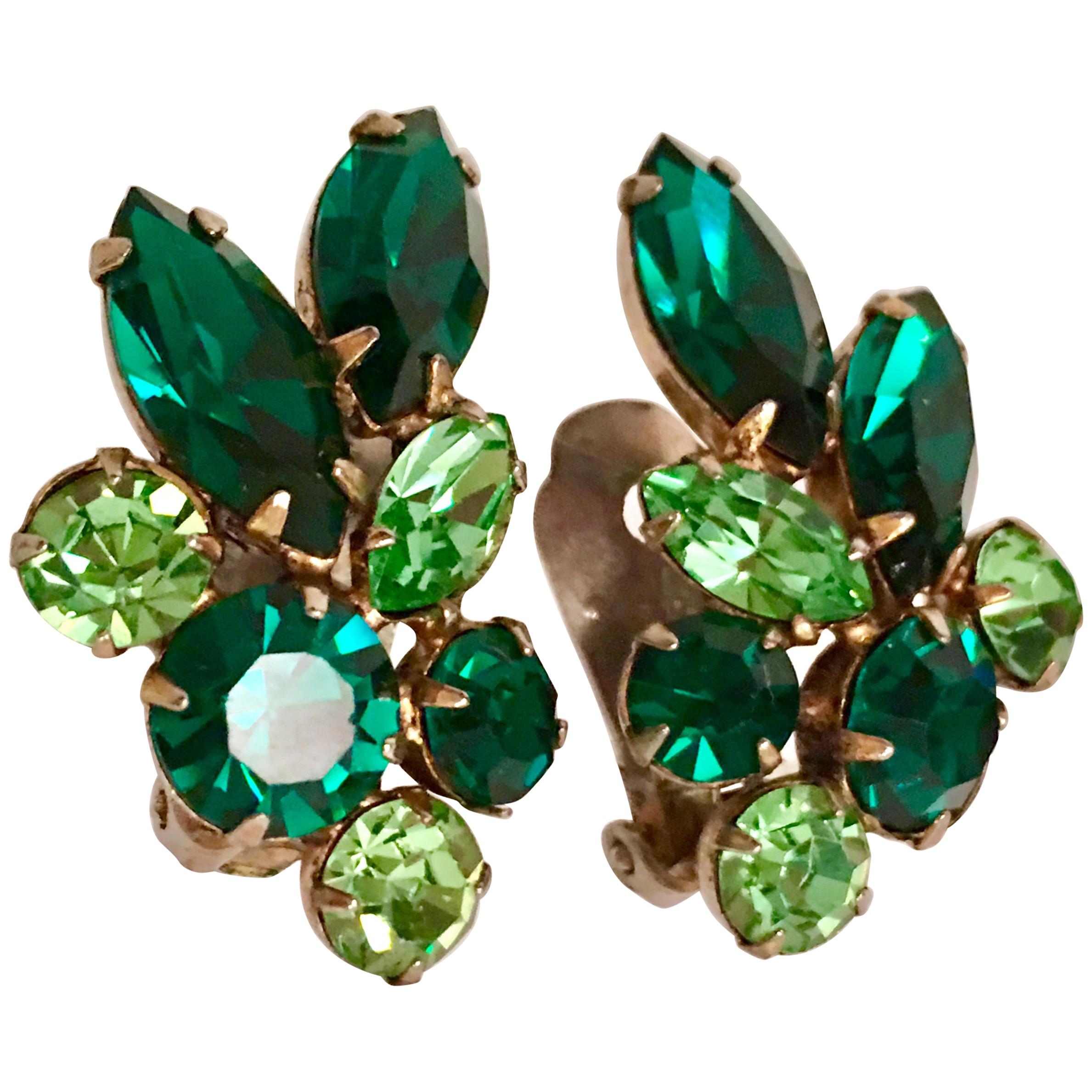 60'S Gold & Green Swarovski Crystal Abstract Flower Earrings