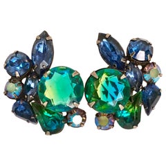 Vintage 50'S Silver & Swarovski Crysta Abstract Floral Earrings