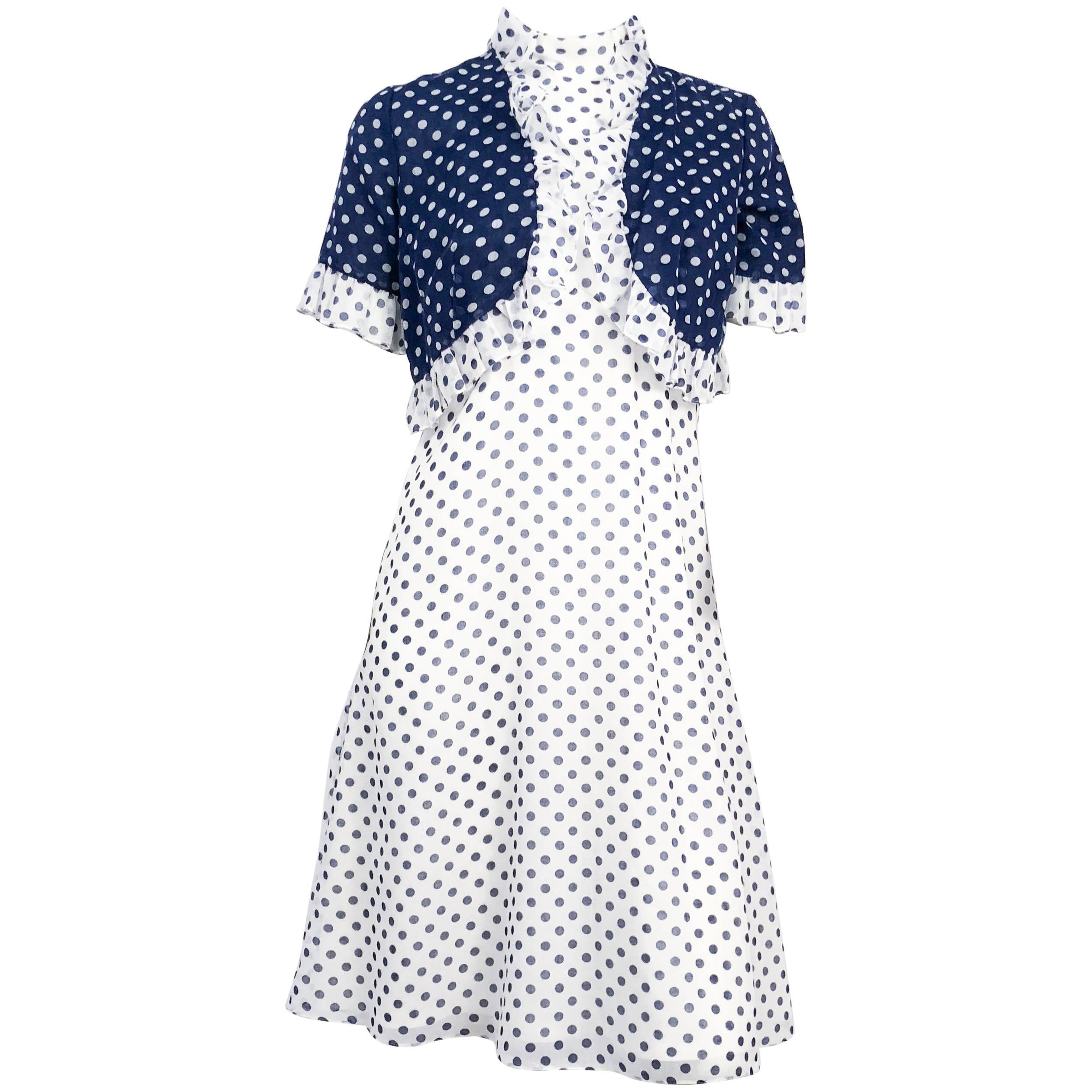 1960 Lord & Taylor - Vestito a polacchi bianchi e blu con bolero in vendita