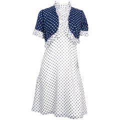 Lord and Taylor Blaues und weißes Polkadot-Kleid aus den 1960er Jahren mit Bolero