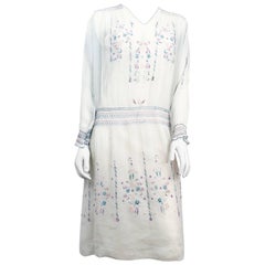 Antique 1920s White Cottage Dress with Hand-embroidery and Pull-work