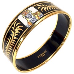 Vintage Hermes black cloisonne enamel golden thick bangle, bracelet with tiger.