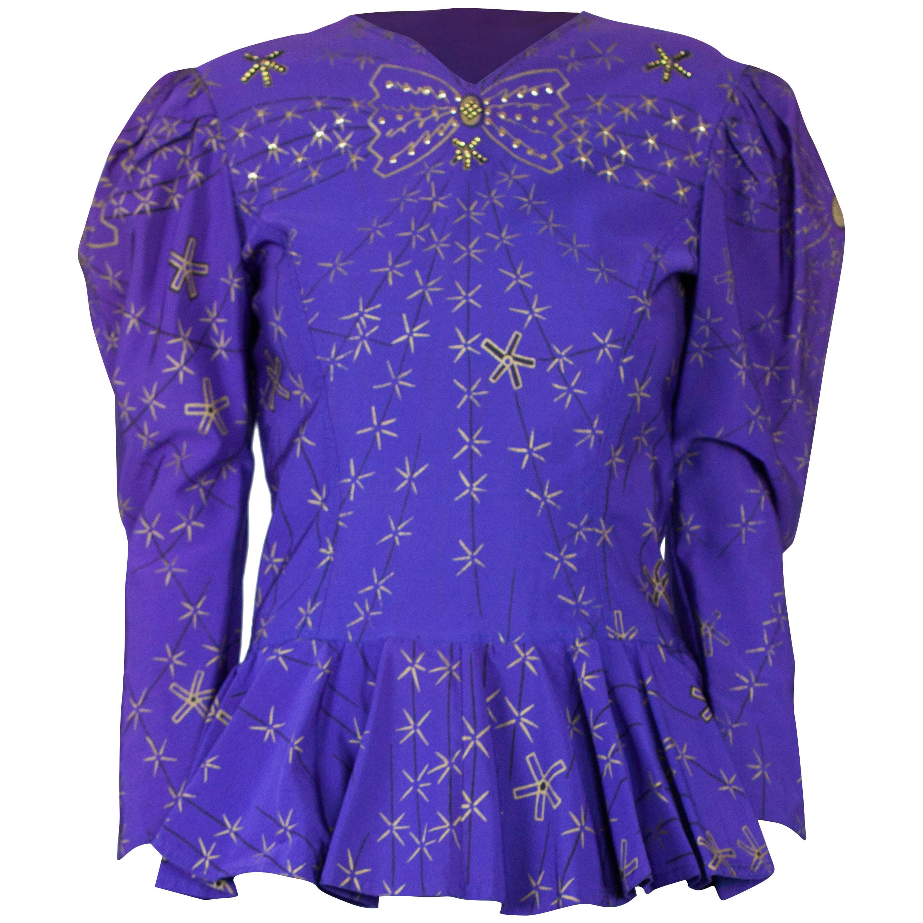 Zandra Rhodes hand painted fitted peplum top with rhinestones. circa 1980s For Sale