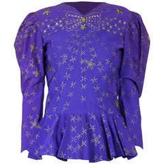 Zandra Rhodes hand painted fitted peplum top with rhinestones. circa 1980s