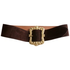 Mulberry Company England Wide Belt Large Gold Buckle Brown Suede Leather Sz 32