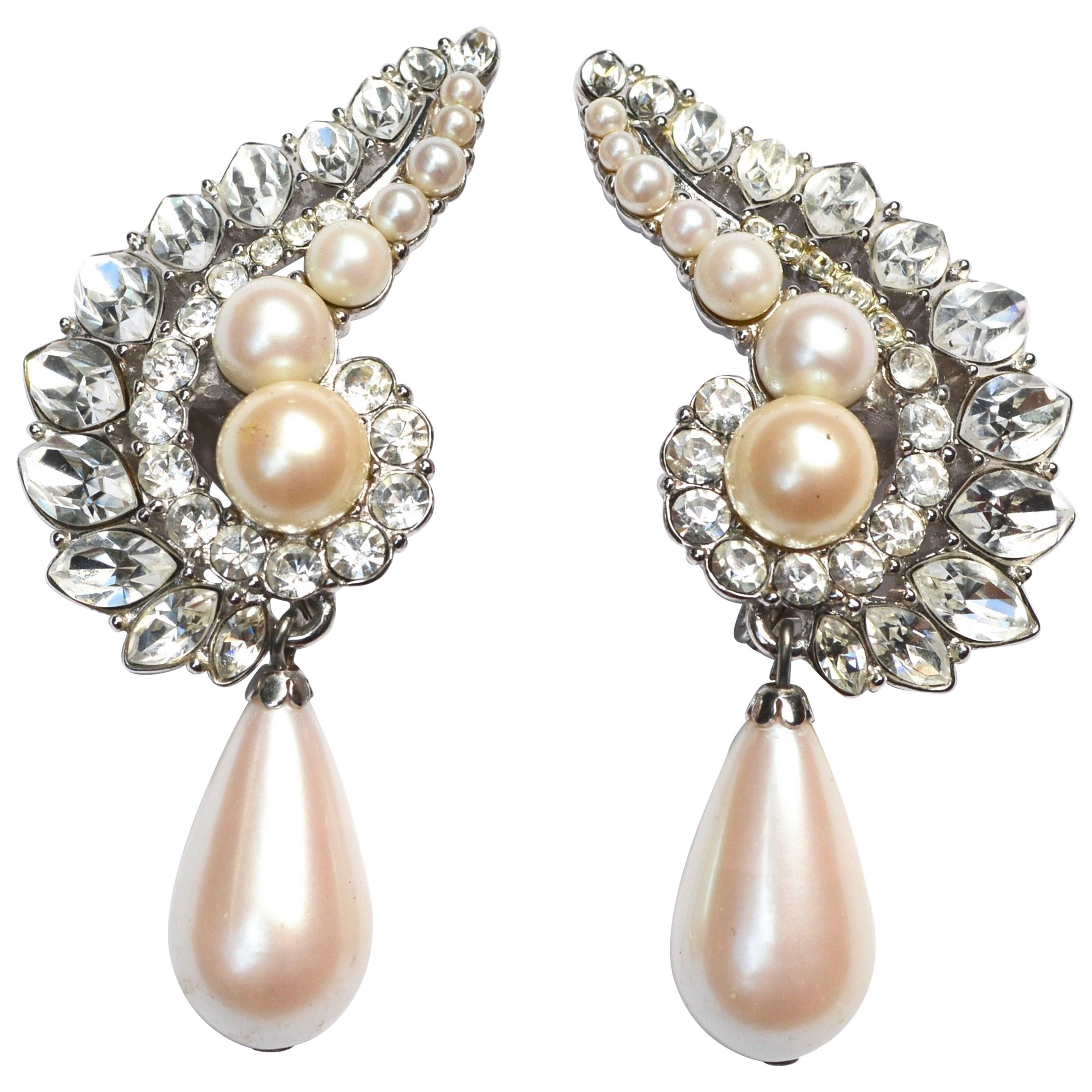 Yves Saint Laurent YSL Rhinestone Pearl Earrings / Ear Huggers 