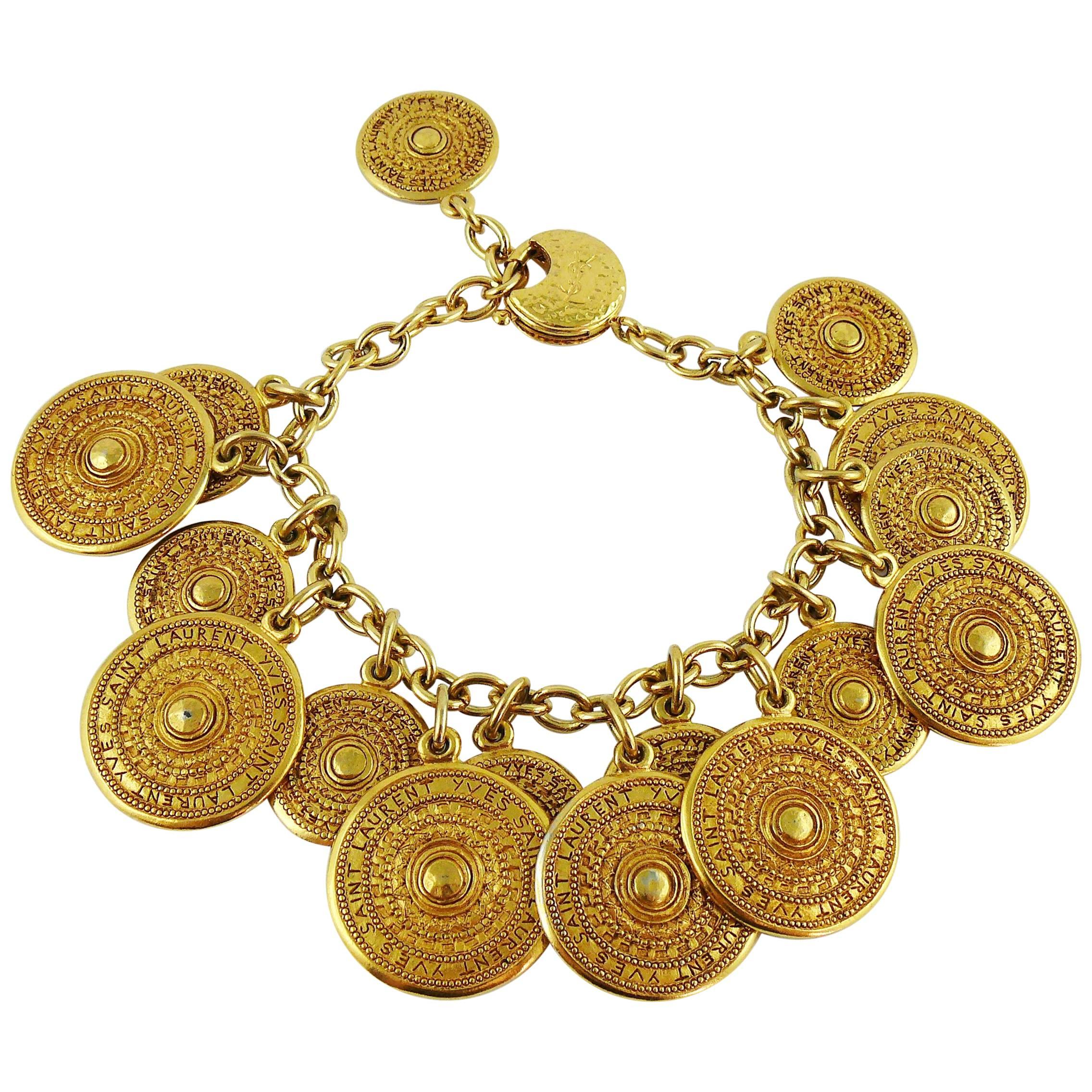 Yves Saint Laurent YSL Vintage Gold Toned Ethnic Aztec Pattern Charm Bracelet