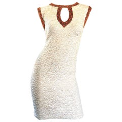 1950s Chez Royale Fully Sequined + Beaded Ivory and Coral Wool 50s Bodycon Dress