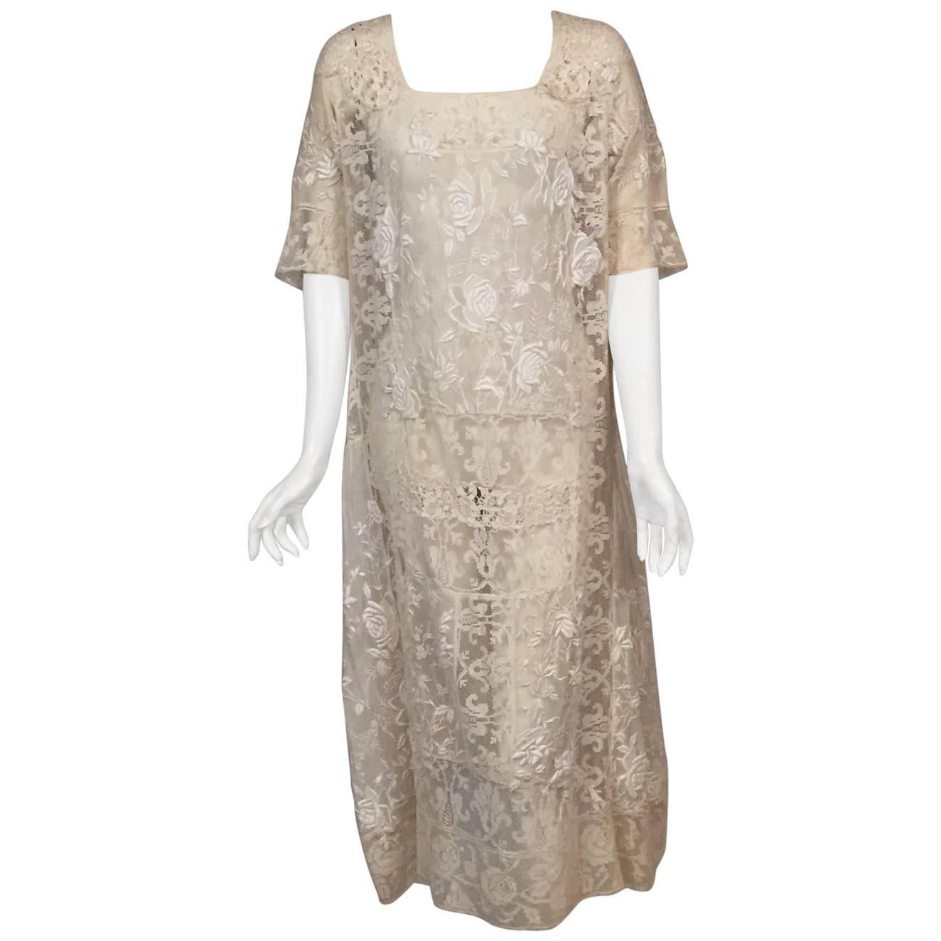 1920's Hand Made Mixed Lace and Embroidered Dress Rare Larger Size