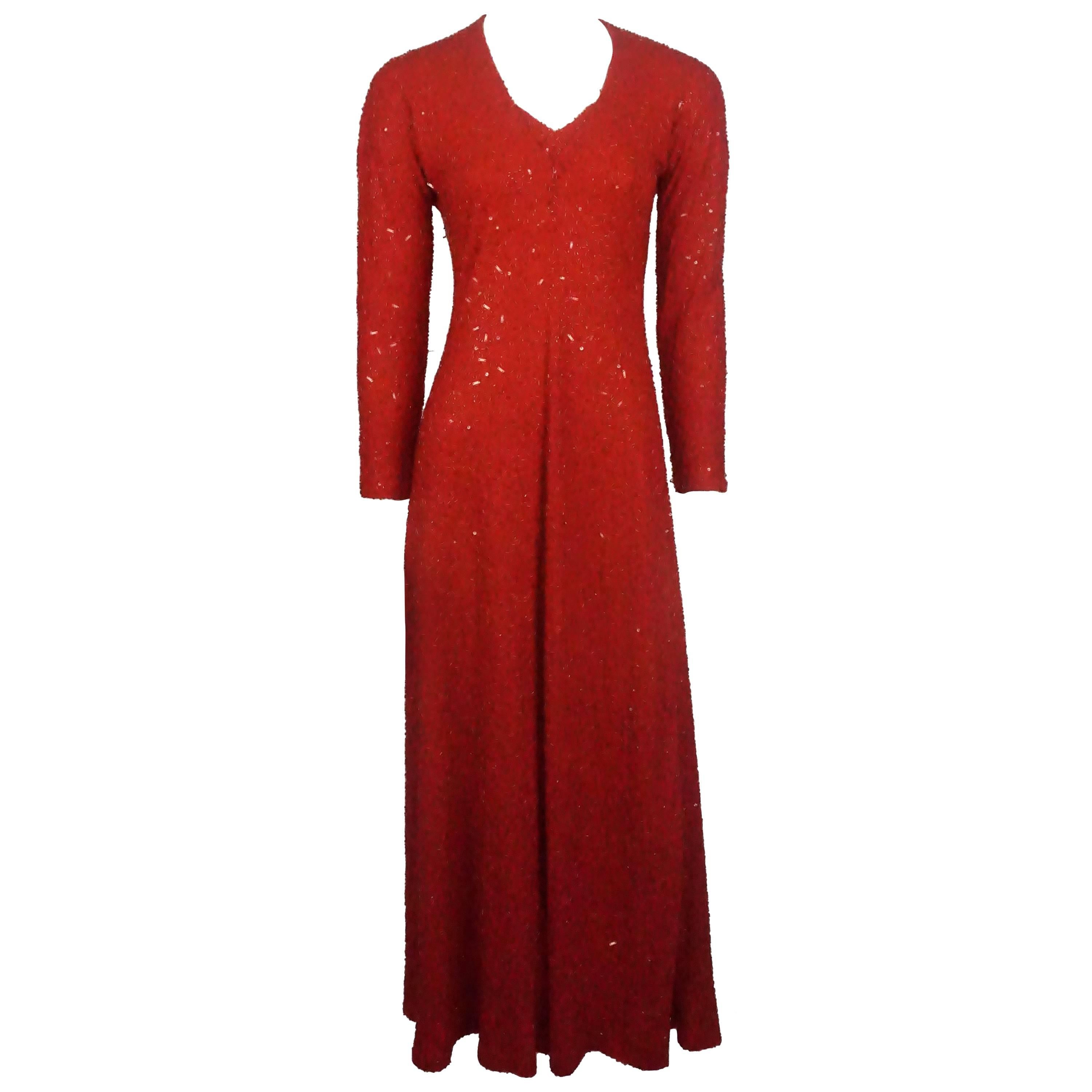 Naeem Khan Red Fully Beaded Long Sleeve Gown 