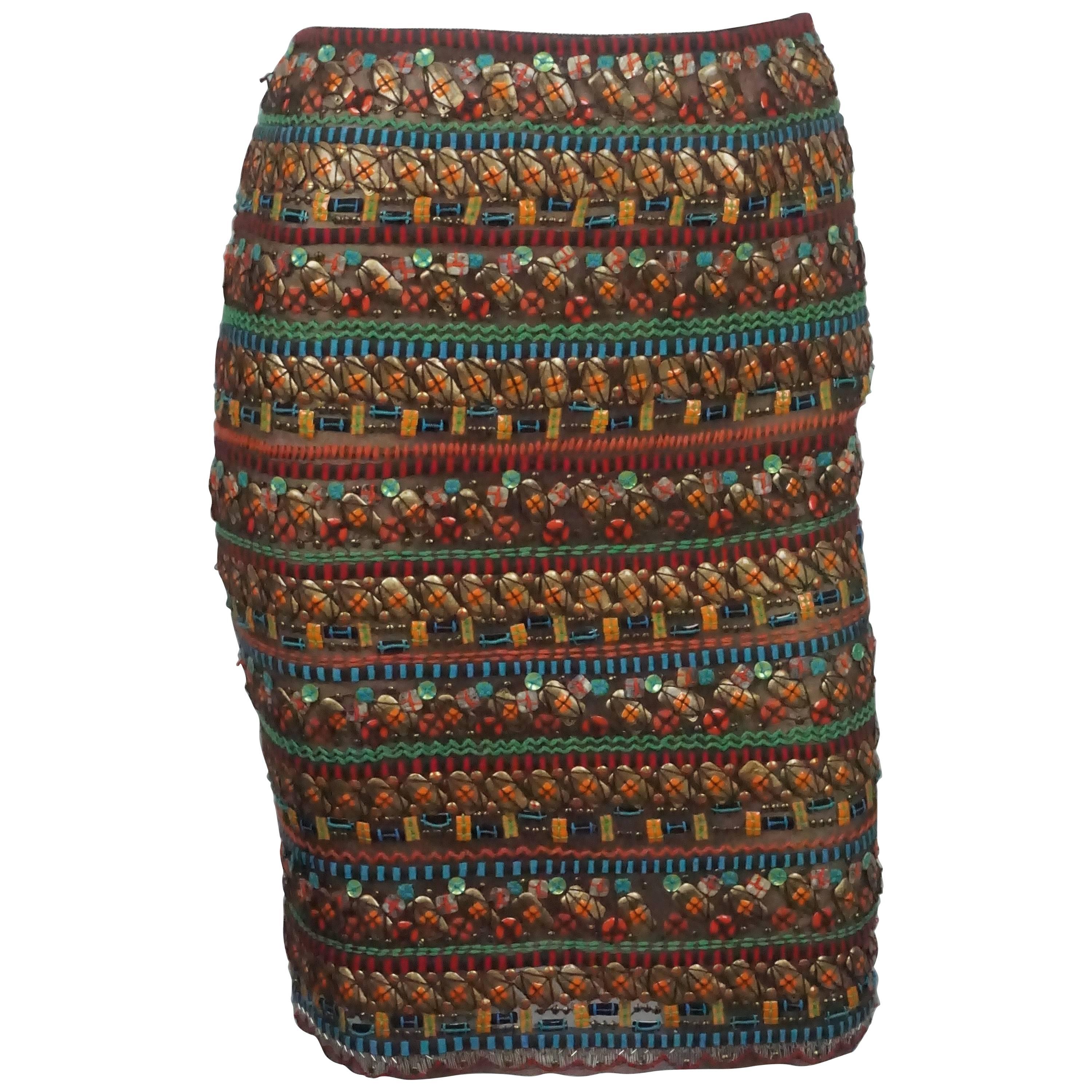 Oscar De La Renta Multi Colored Beaded Stone Skirt - Small 
